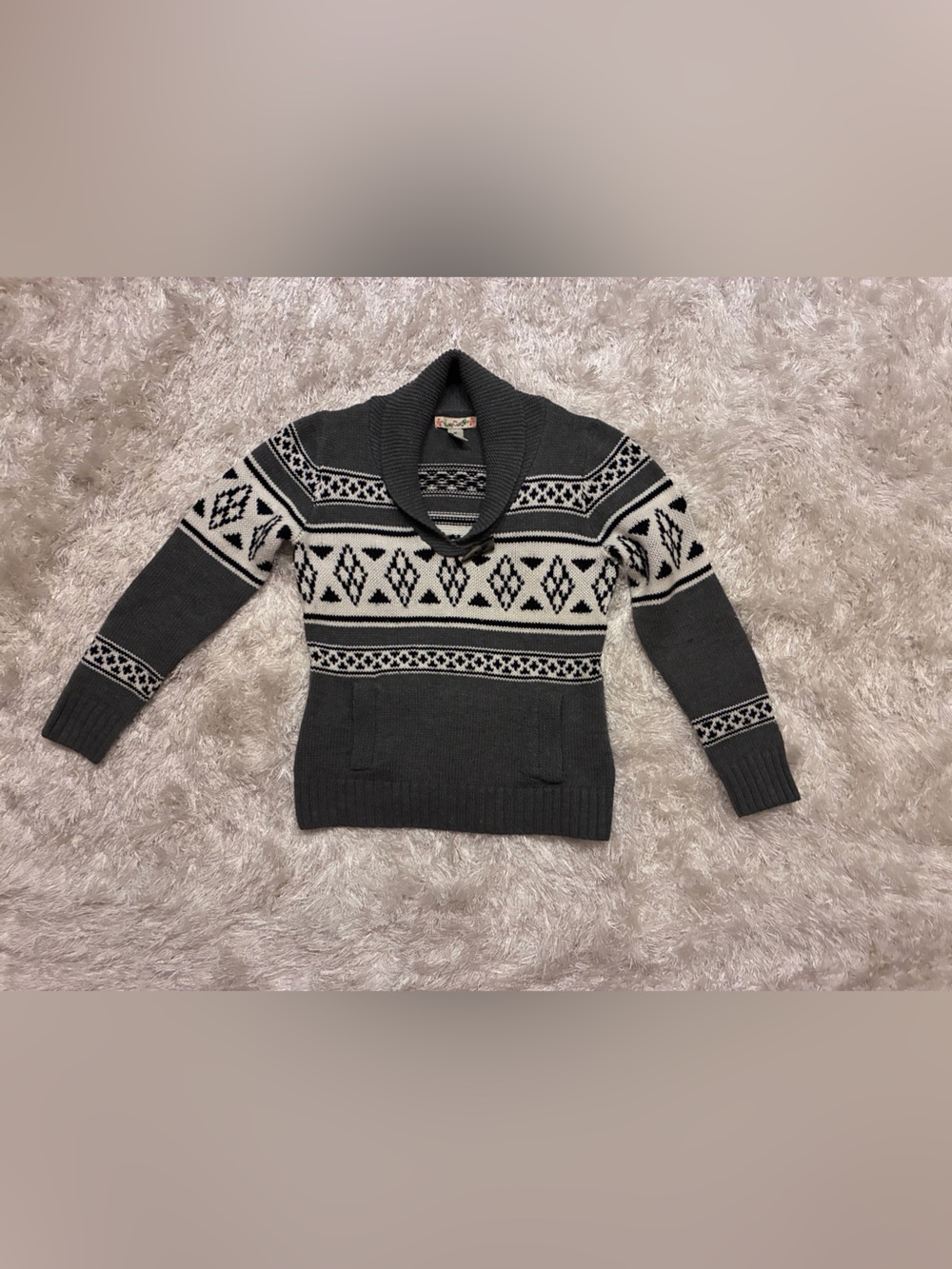 Love Change Charcoal Shawl Collar Fair Isle Sweater - Gray/White Cowichan